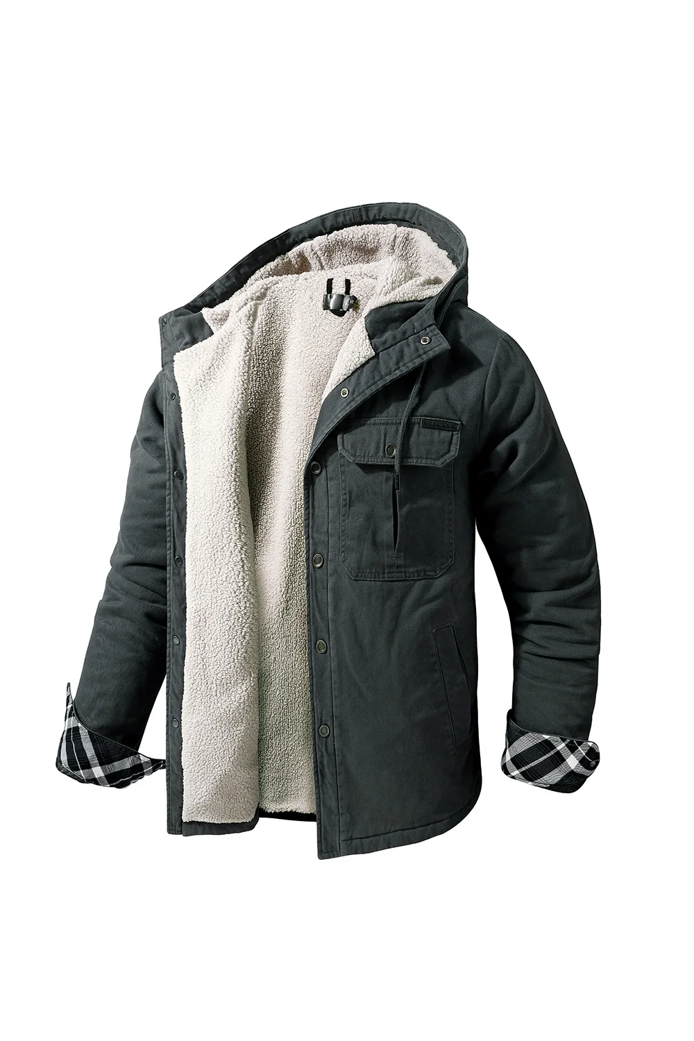 Men's Hooded Solid Thicken Outdoor Work Utility Coat Jacket Grey Solid Color Big Size With Snap Closure  Men's Coat Fleece Lined Large Size Winter Warm Cotton Jacket