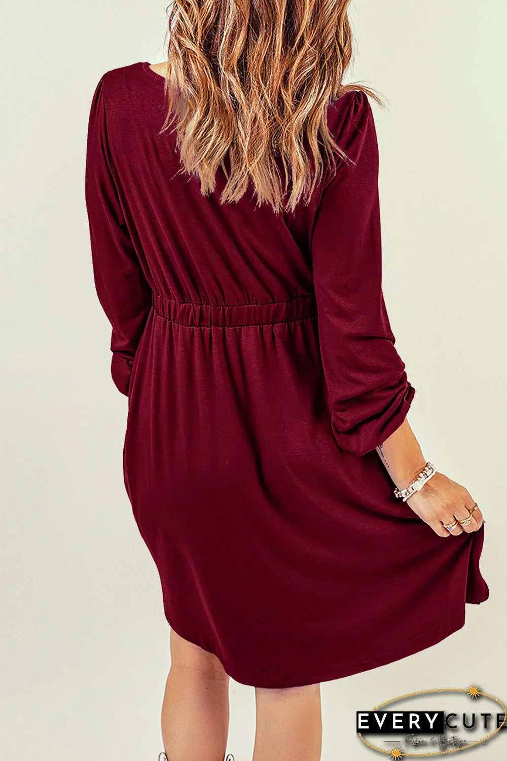Wine Button Up High Waist Long Sleeve Dress