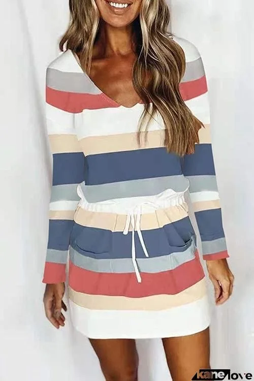 V-neck Casual Colorful Striped Knit Dress.