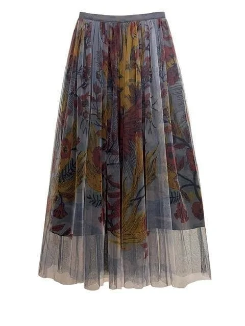 Retro Floral Printed Tulle Skirt