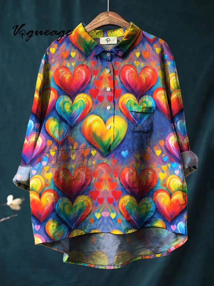 Bright Colorful Creative Love Heart Printed Cotton And Linen Shirt