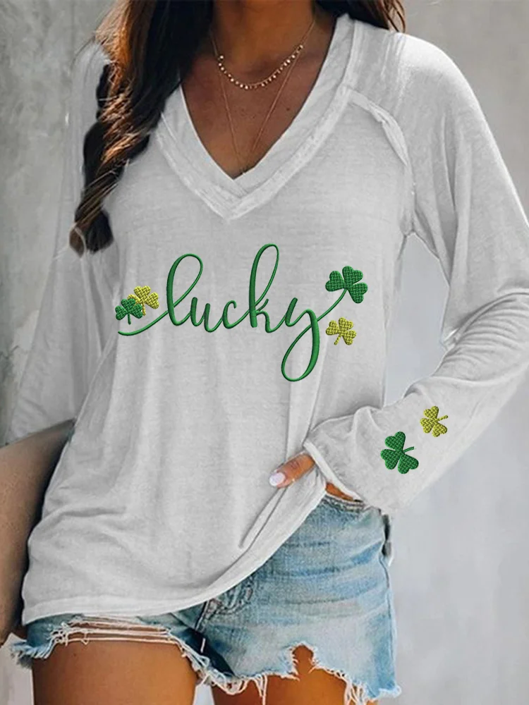 VChics Embroidery Lucky Shamrock Print Casual V-neck T-shirt