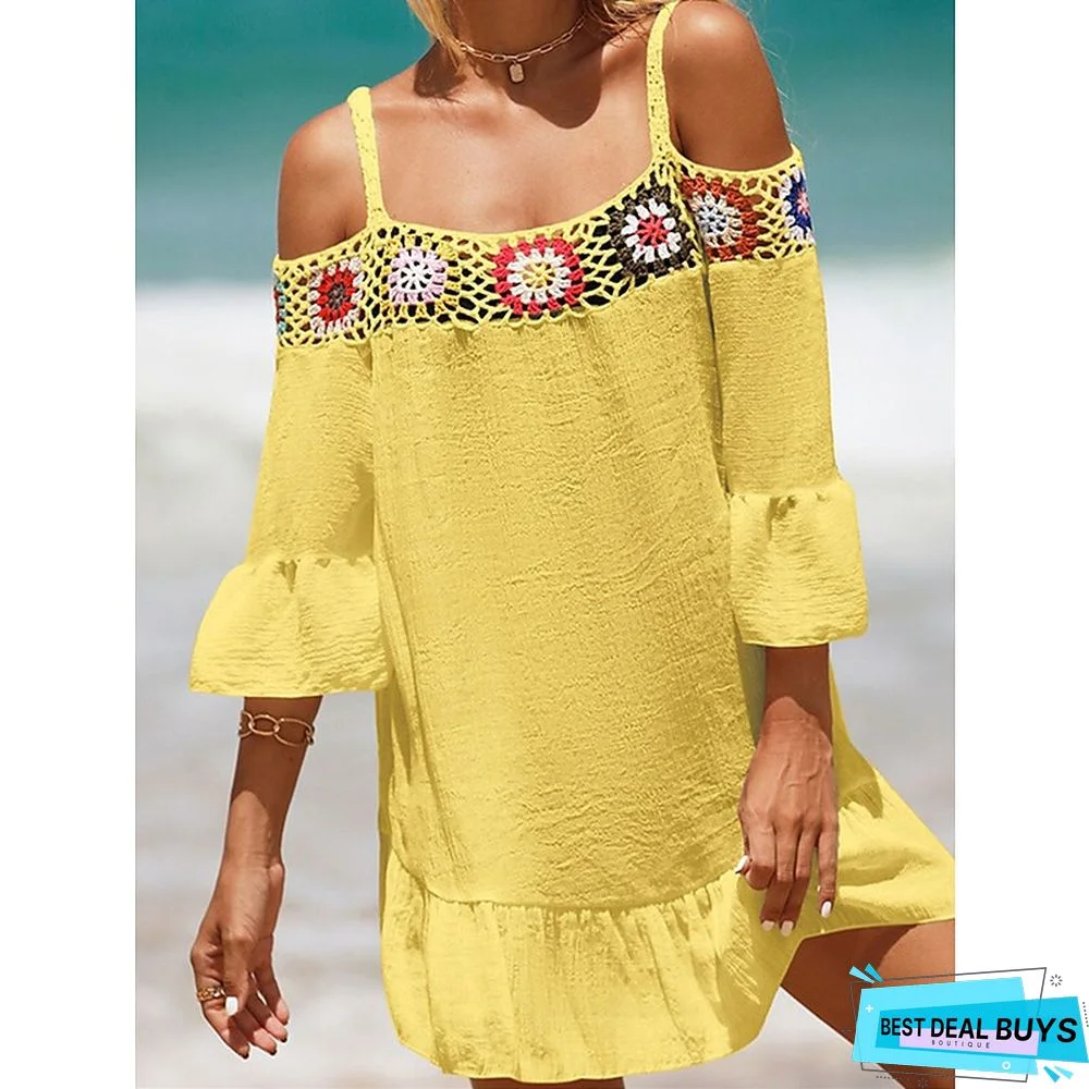 Women's Cover Up Beach Dress Beach Wear Mini Dress Ruffle Backless Ethnic Casual Floral Spaghetti Strap 3/4 Length Sleeve Loose Fit Outdoor Daily Black White 2023 Spring Summer One Size