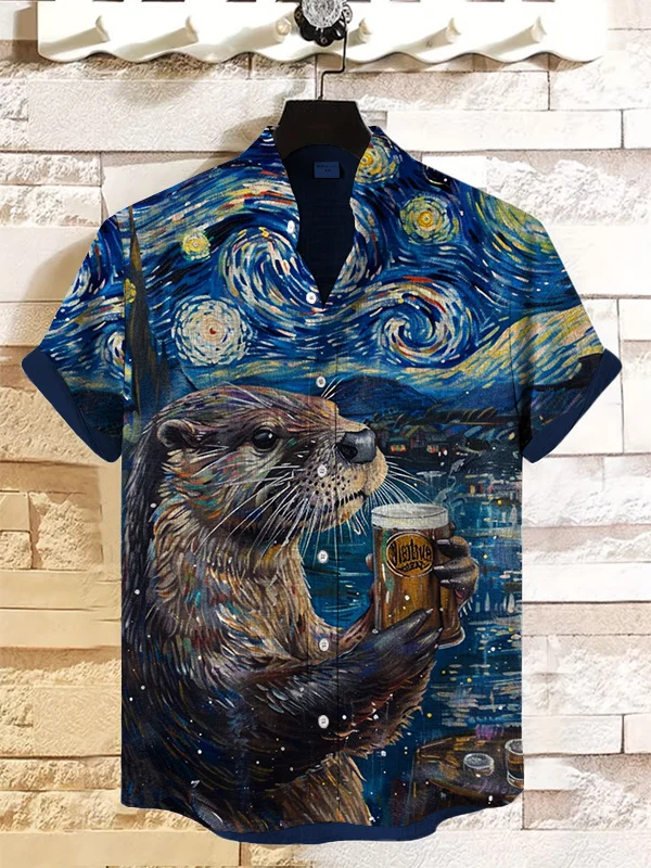 Men's Starry Night Otter Drinking Beer Art Print Casual Shirt