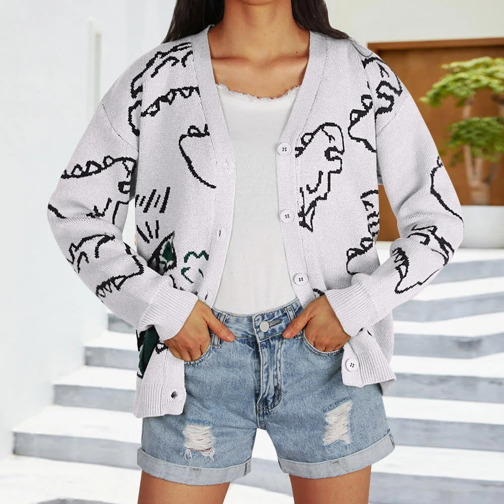 Athvotar Athvotar Long-Sleeved Knitted Autumn And Winter New Coat Loose Cartoon Dinosaur Cardigan