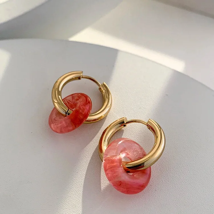 2023 New Stainless Steel Geometry Circel Watermelon Crystal  Natural Stone Bead Hoop Earrings for Women Ear Huggie Jewelry