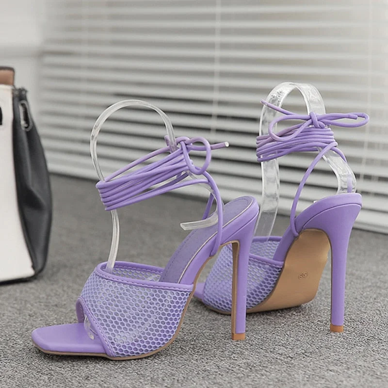 Sexy Purple Orange Mesh Women Sandals Summer Fashion Square Open Toe Ankle Cross Lace-Up Heels Stiletto Hollow Dress Shoes Pumps