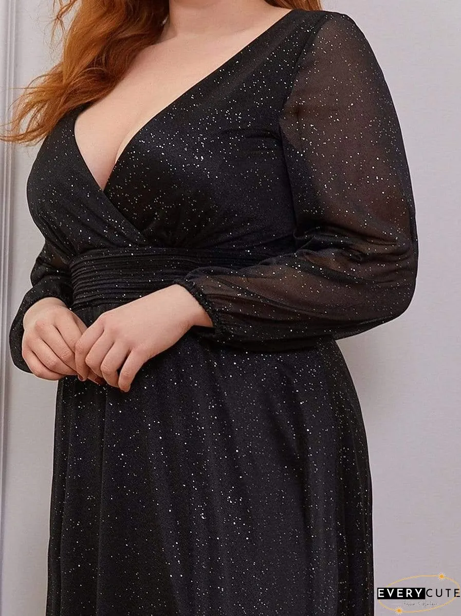 Shiny Puff Sleeve V-Neck Evening Gown for Curvy Women