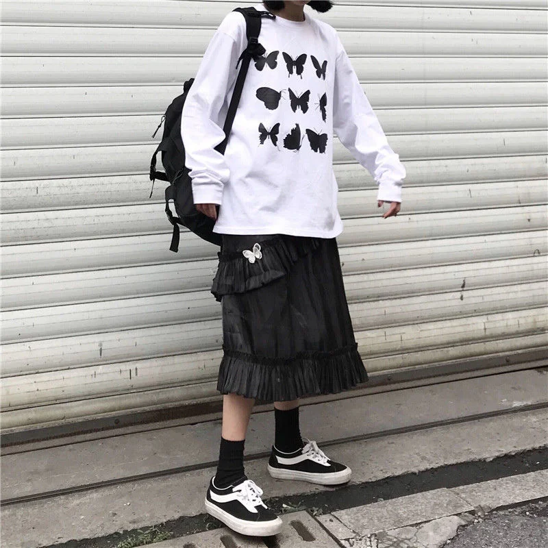 Harajuku Butterfely Tops Women Cartoon Long Sleeve T Shirts Streetwear Summer Japan Loose Casual Cute High Street Tshirt Women