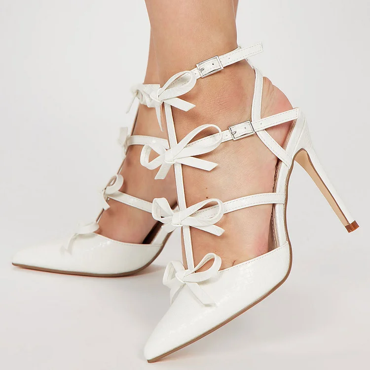 Elegant White Pointed Toe Stiletto Heels Strappy Bow Bridal Shoes |FSJ Shoes