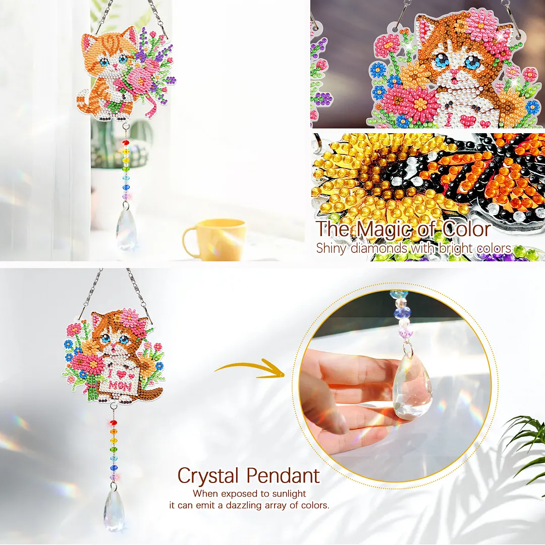 2Pcs Cat DIY Acrylic Diamond Painting Art Wind Chimes with Crystal Pendant Diamond Art Hanging Pendant Double-Sided for Adults Beginners Gift Home Garden Decor