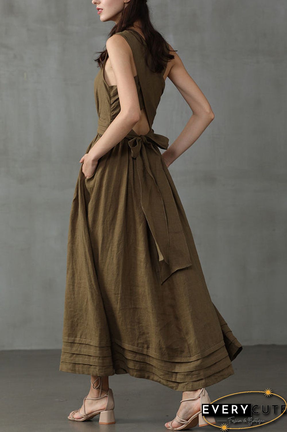 Cross Back O Neck Maxi Linen Dress