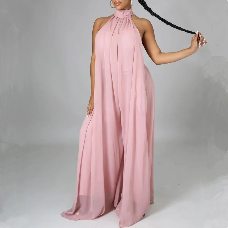 2021 Hot Sale Women Chiffon Halter Backless Long Jumpsuits Loose Style Long Overalls Elegant Party Club Jumpsuit