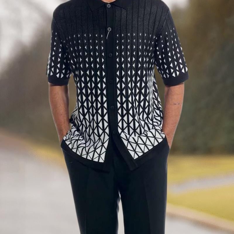 Men's Cross Pattern Walking Suit Short Sleeve Set With Long Pants