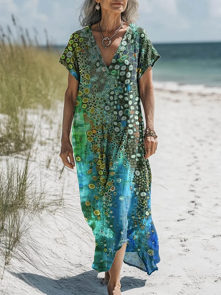 Women's Abstract Pattern Art Print Pocket Cotton Dress