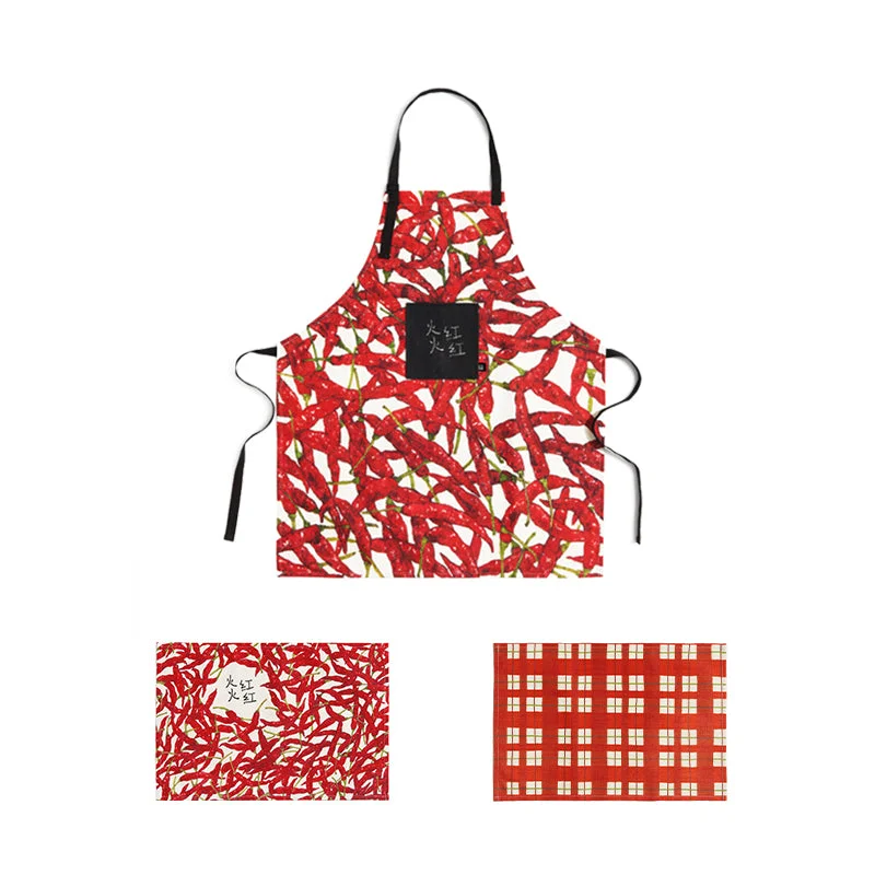 Creative Red Pepper Apron Chinese Style Home Kitchen Cotton Linen Cooking Smock