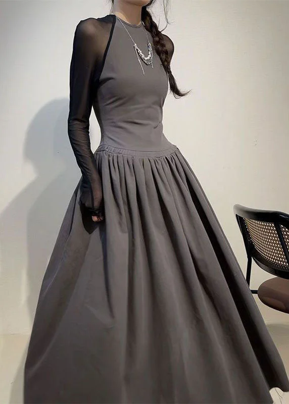 Sexy Grey O-Neck Wrinkled Tulle Patchwork Long Dress Long Sleeve