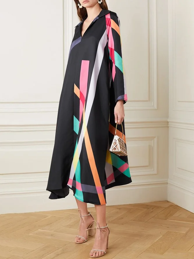 Stylish Irregularity Long Sleeves Contrast Color Striped V-Neck Midi Dresses
