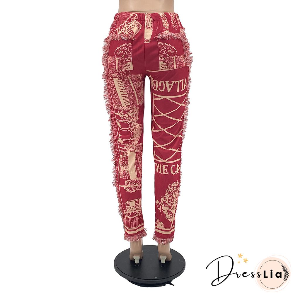 Side Tassels Patchwork Elastic Waist Women Print Jogger Pant