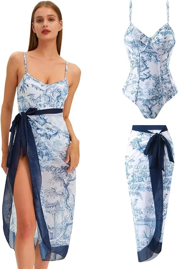 One Piece Swimsuit with Cover Up Set Sarong Swimsuits for Women