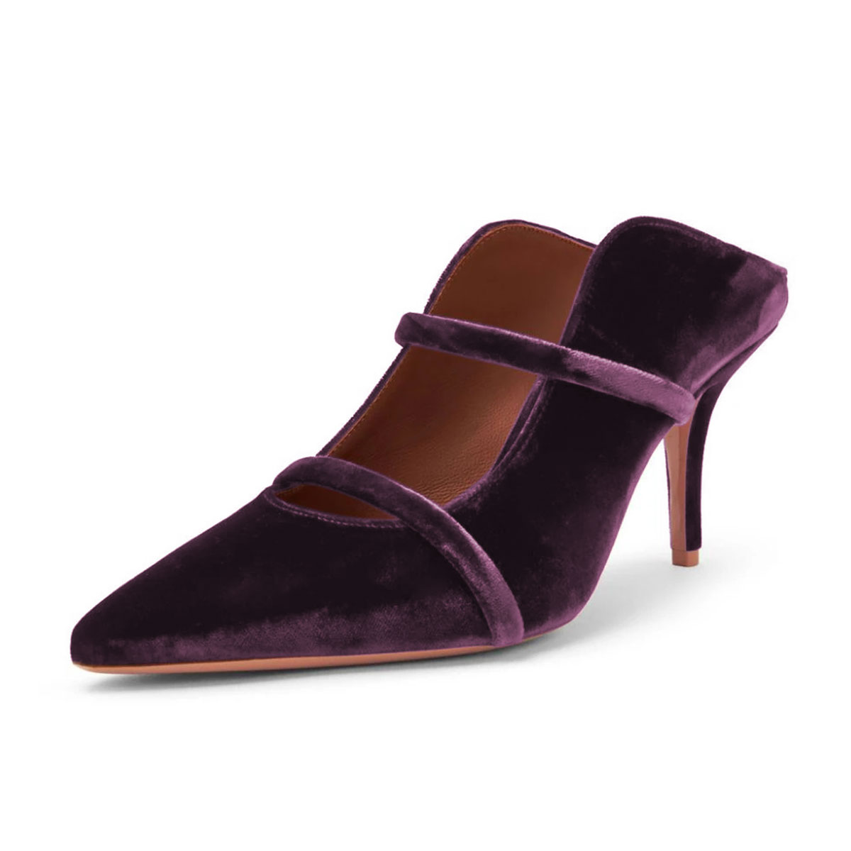 Purple Velvet Slip-On Pointed Toe Stiletto Heeled Mules with Straps Nicepairs