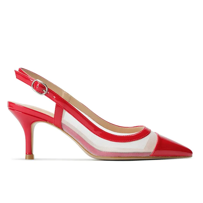65mm Women's Pointed Toe Kitten Heel Ankle Buckle Pumps Mesh Patent Shoes VOCOSI VOCOSI