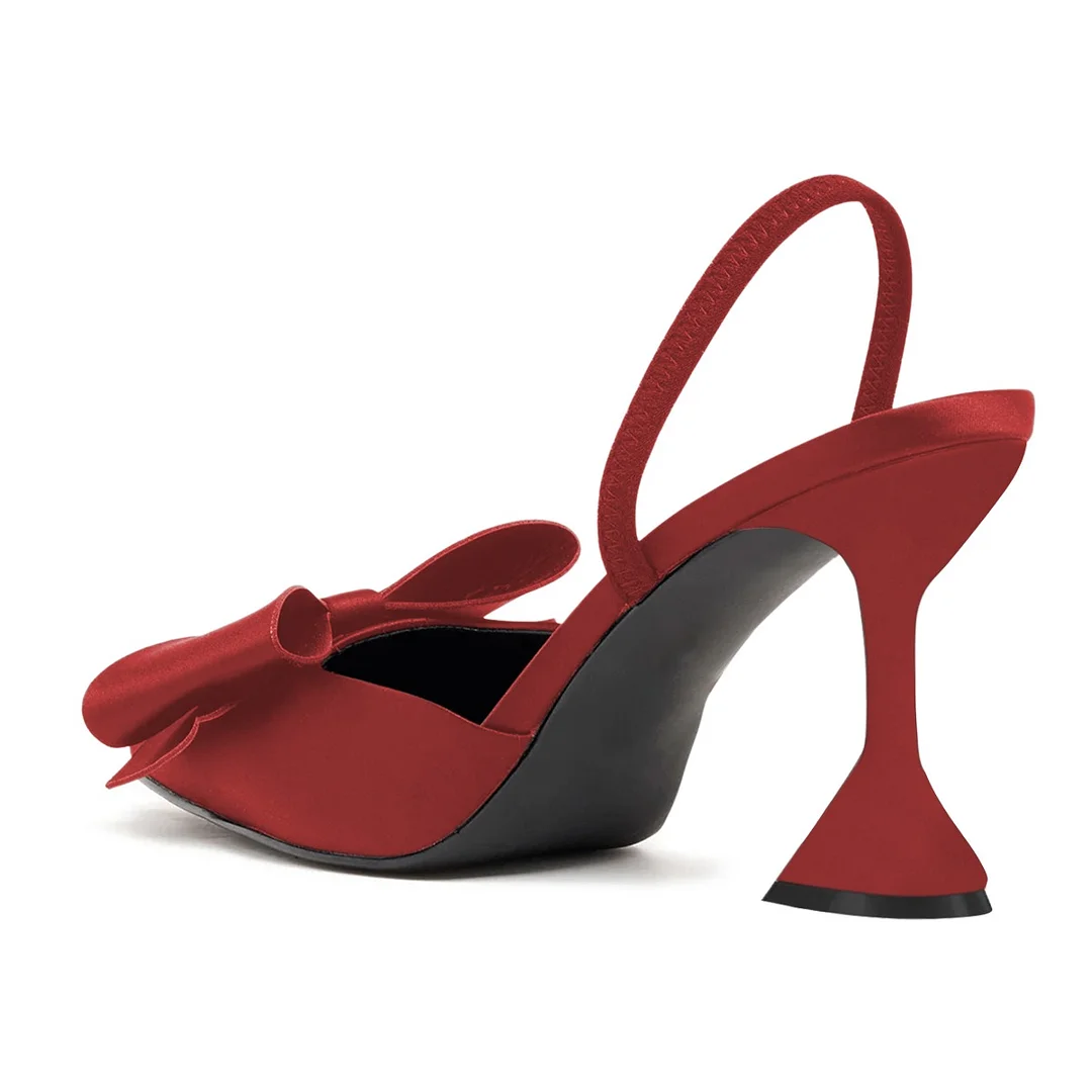 Pointed Toe Bow Decor Slingback Red Pumps with Flared Heels