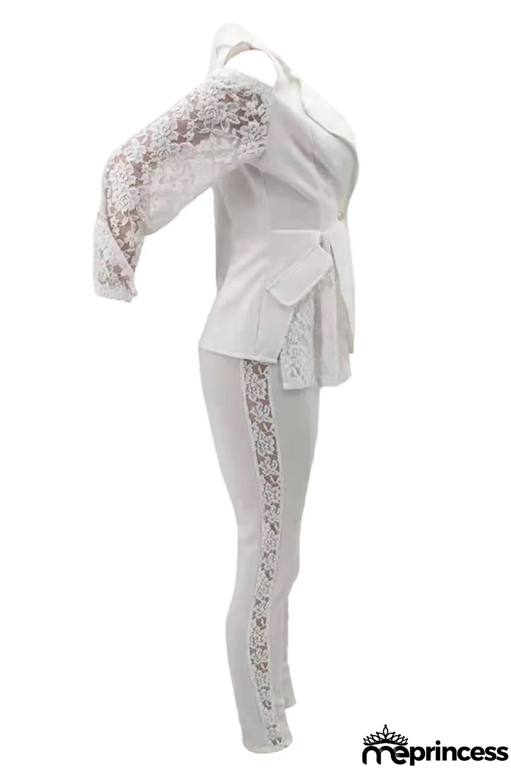 White Fashion Casual Patchwork Hollowed Out Turndown Collar Long Sleeve Two Pieces