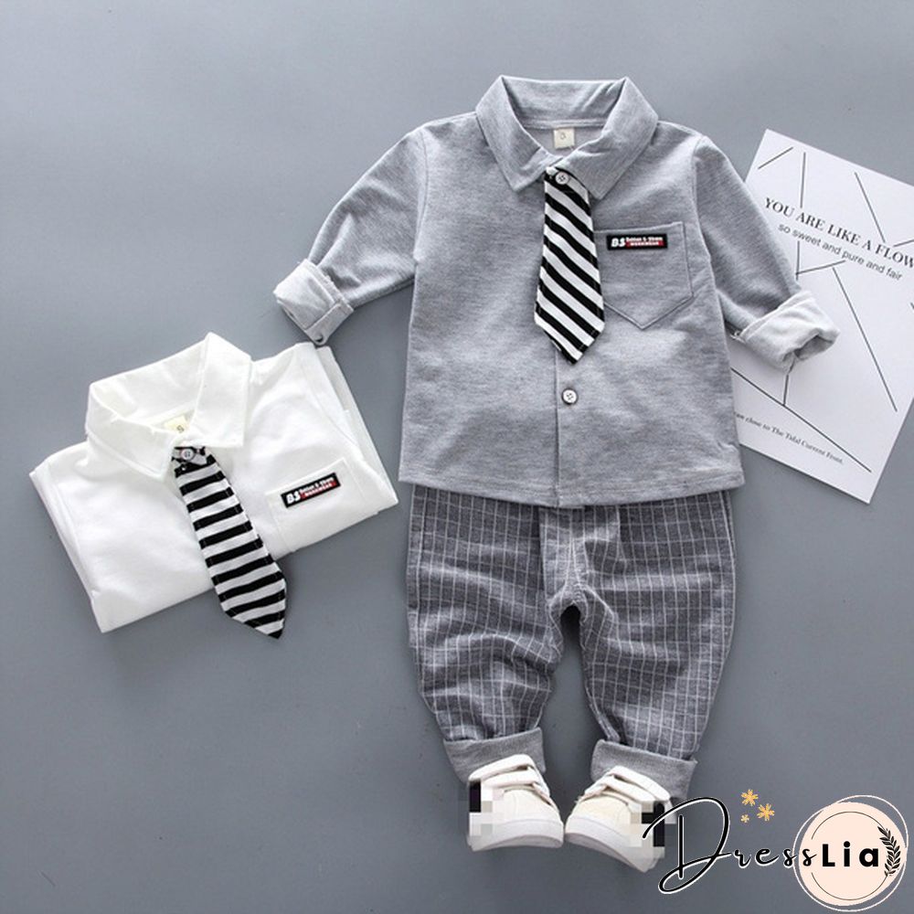 2Pcs Boys Autumn Clothing Suit Kids Gentleman Boy Tie Shirt + Pants Toddler Baby Boys Outfits Clothes Set Suitable for 0-4 Years