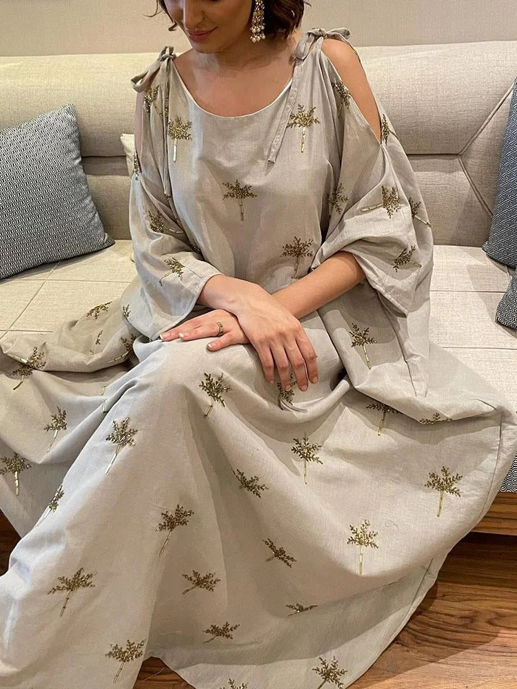 Strappy shoulder belt batwing sleeve maxi dress فساتين