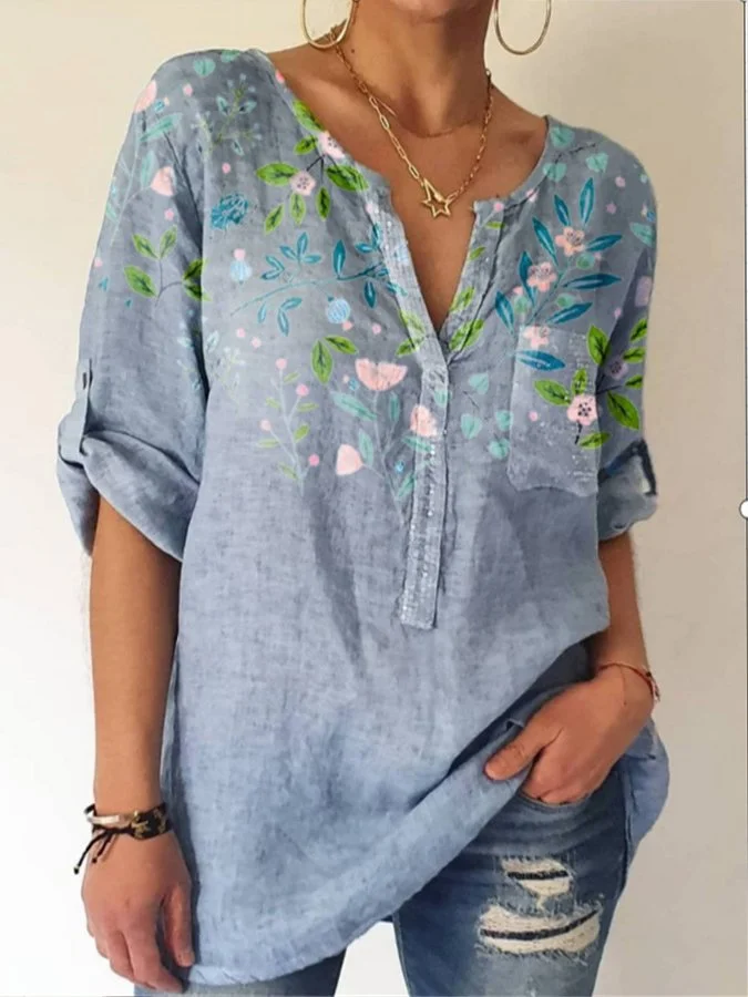 Women's Cotton Linen Fashion Print V-Neck Three-quarter Sleeve Loose Casual Shirt