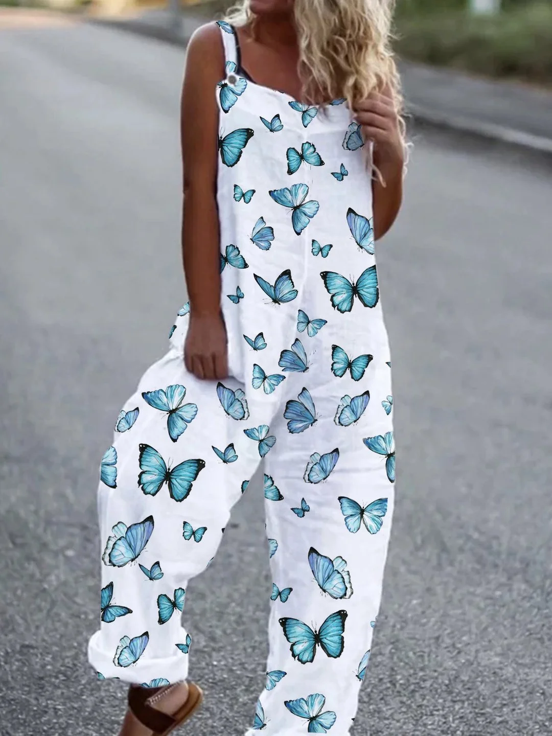 Butterfly Printed Casual Cotton And Linen Jumpsuit