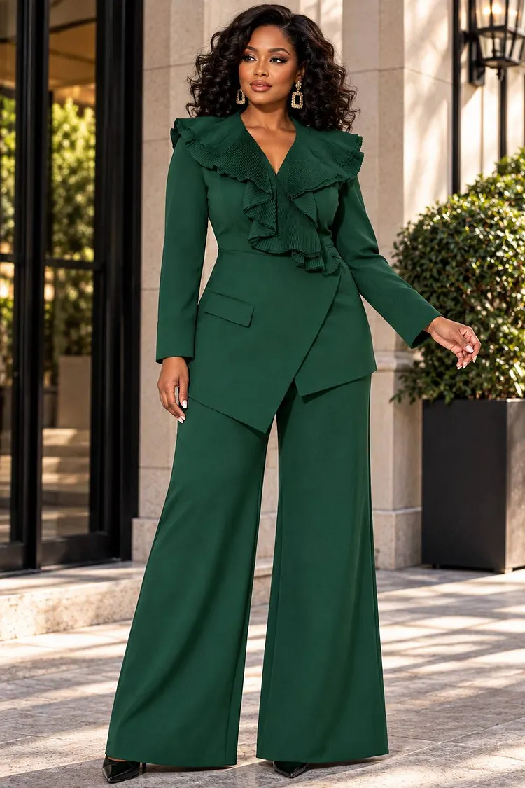 Xpluswear Design Plus Size Formal Green Turndown Collar Long Sleeve Ruffle Pocket Two Piece Pant Suits [Pre-Order] 2024 - Xpluswear