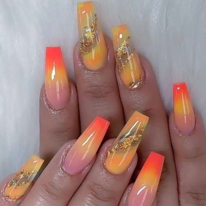 24Pcs Orange Gradient Gold Foil Long Coffin Ballerina False Nails Marble Style Fake Nails Full Cover Nail Tips Press On Nails
