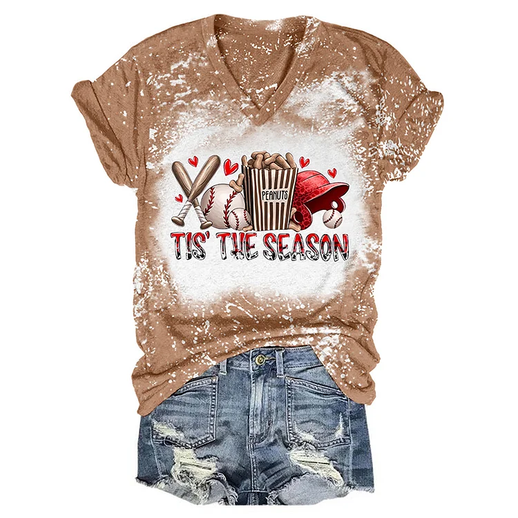 Comstylish Tis' The Season Baseball Tie Dye V Neck T-shirt