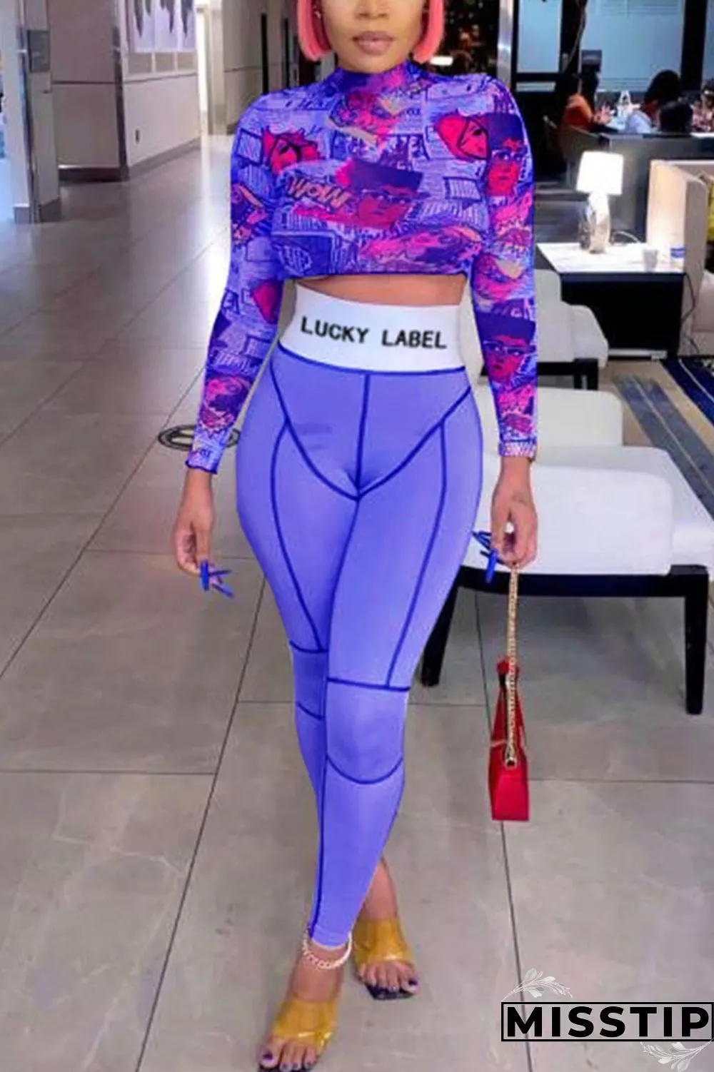 Light Purple Sexy Print O Neck Long Sleeve Two Pieces