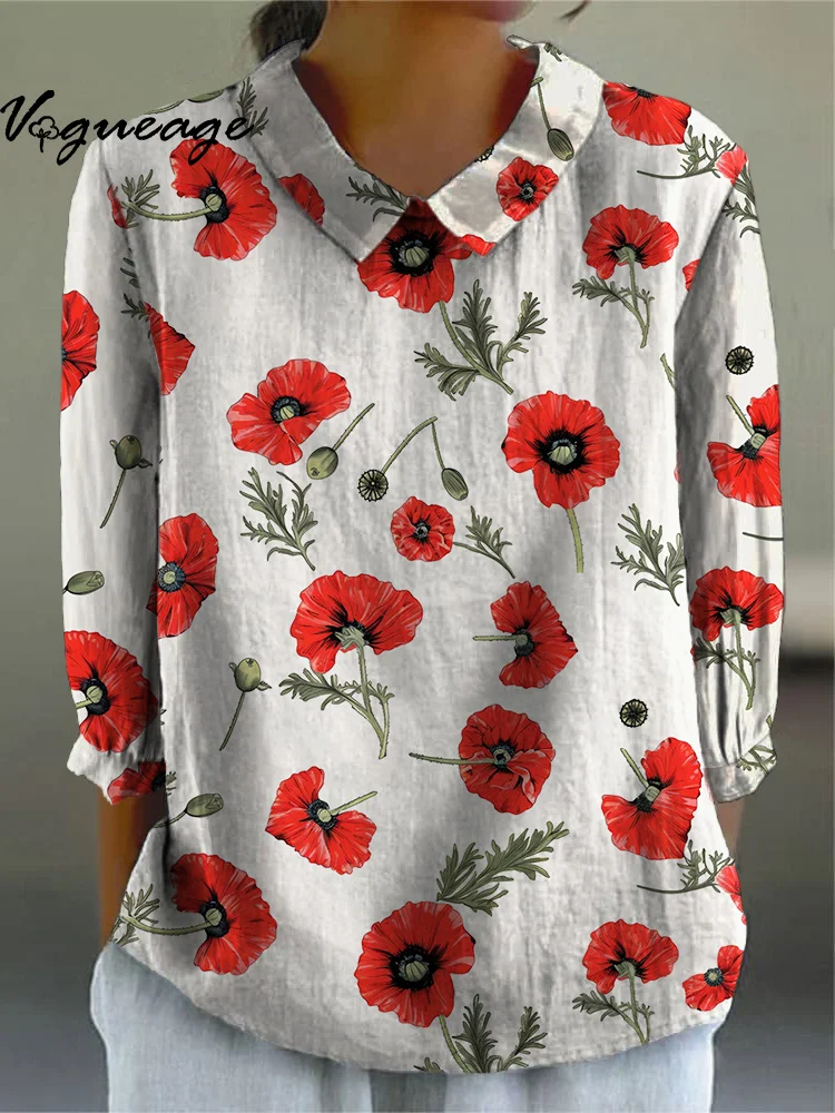 Fashion Simple Red Flowers Printed Cotton And Linen Shirt