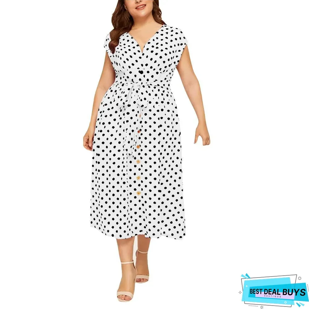 Women's Plus Size Polka Dot Dress Button Tie Waist V-Neck Skirt