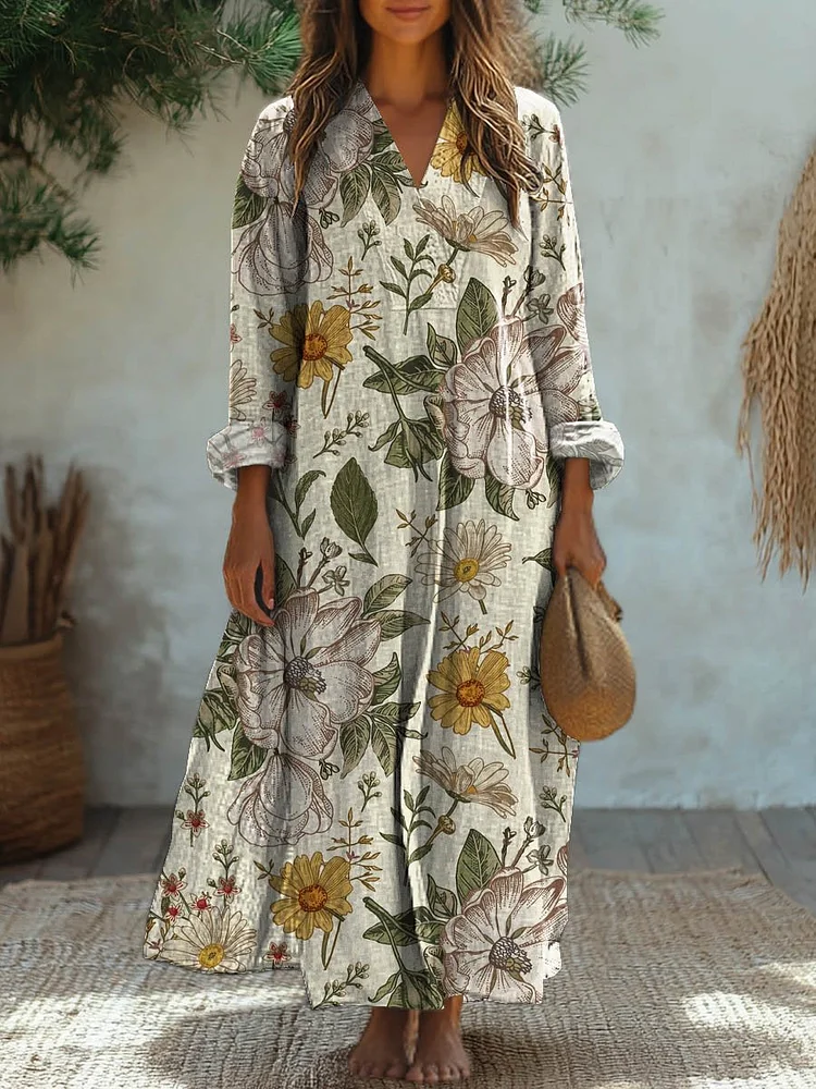Women's Vintage Lovely Floral Art Print Casual Cotton Dress