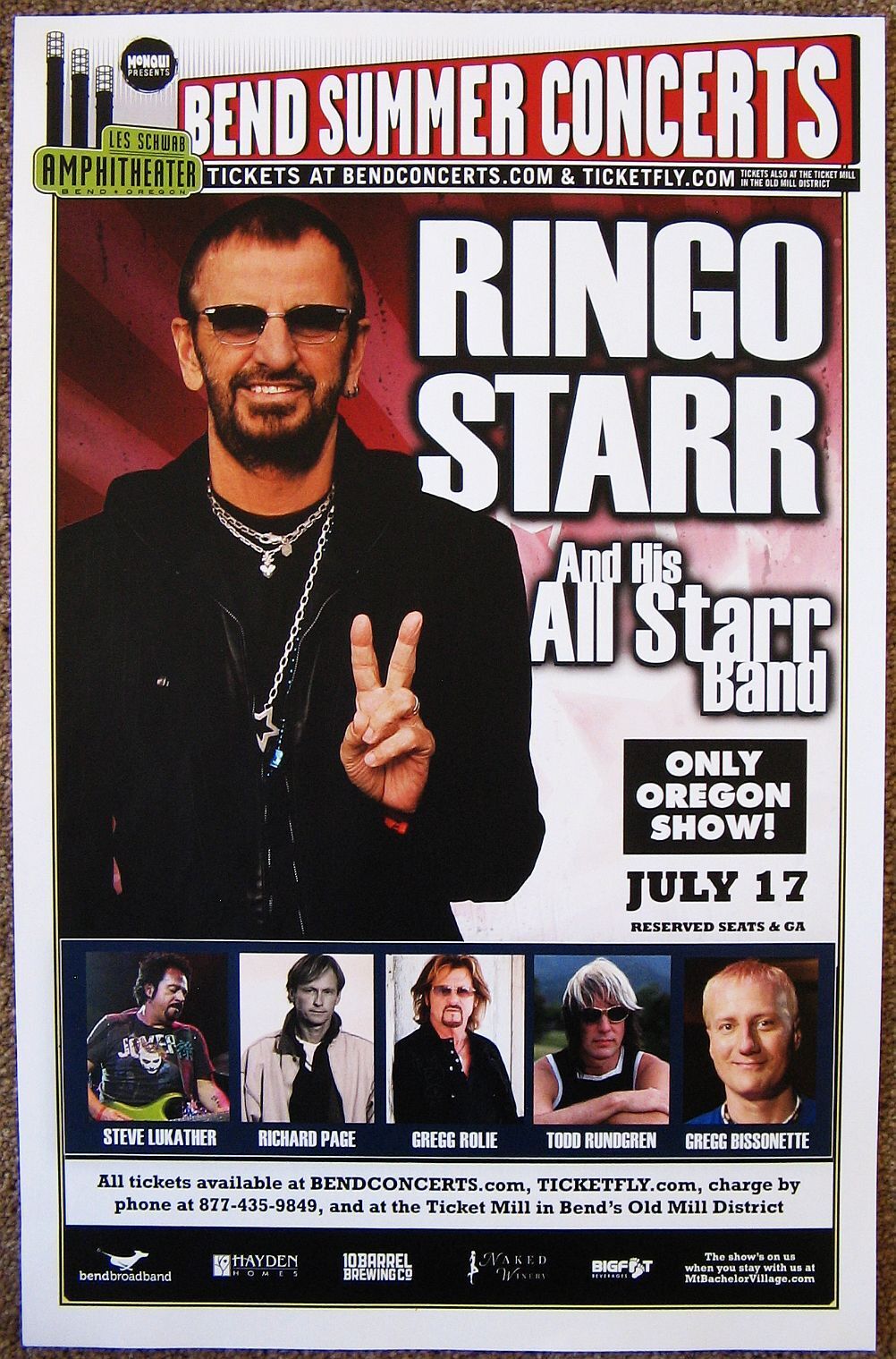 RINGO STARR And All Starr Band 2014 Gig POSTER Bend Oregon Concert