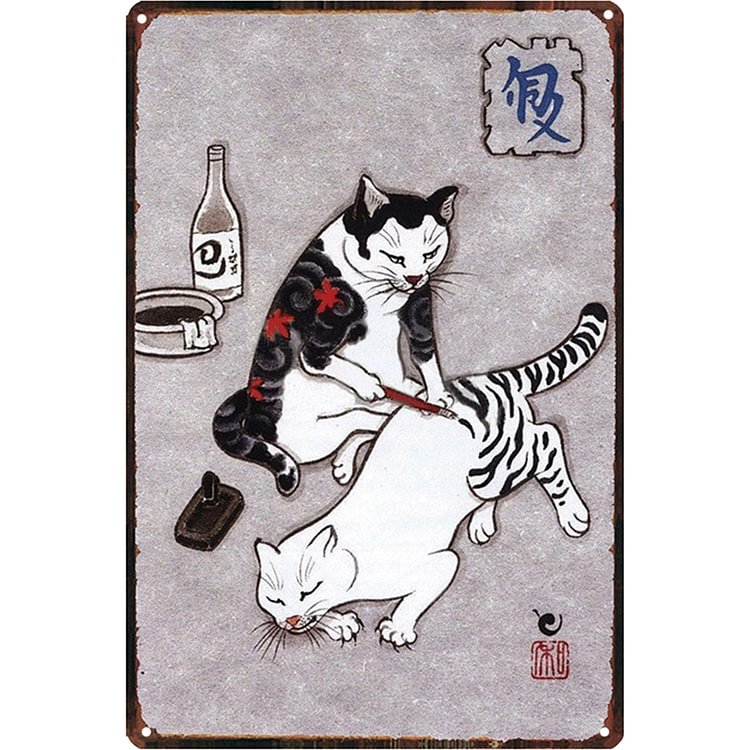 Tattoo Cat  Japanese Samurai - Vintage Tin Signs/Wooden Signs - 7.9x11.8in & 11.8x15.7in