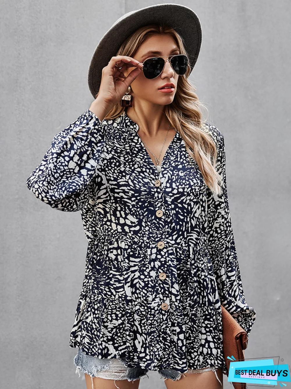 V-Necked Crushed Print Women's Top