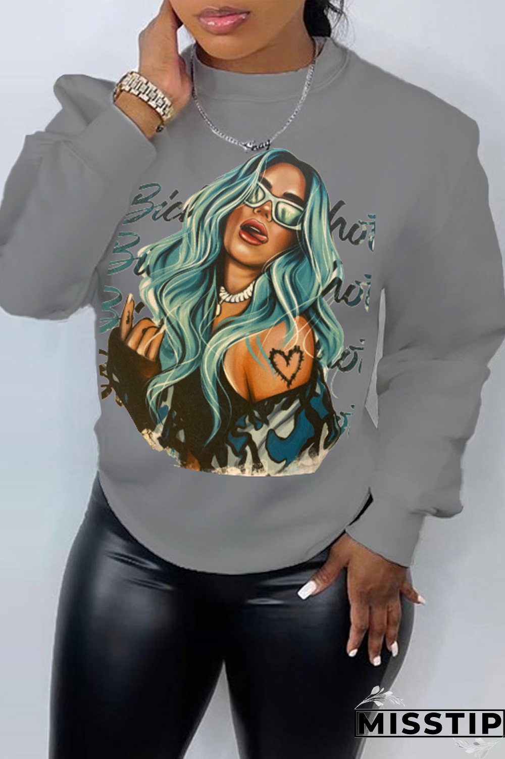 Grey Daily Celebrities Print Patchwork O Neck Tops