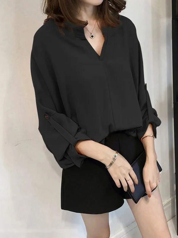 Casual Long Sleeves Loose Solid Color V-Neck Blouses&Shirts Tops