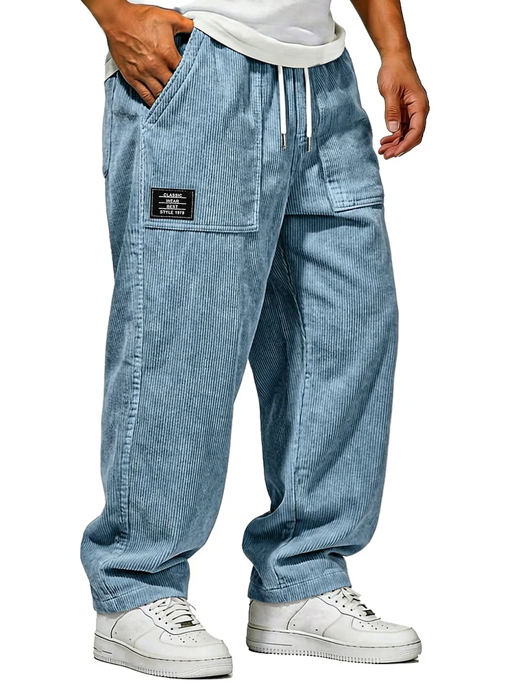 Men's Vintage Corduroy Trousers With Patch Pockets And Embroidered Logo