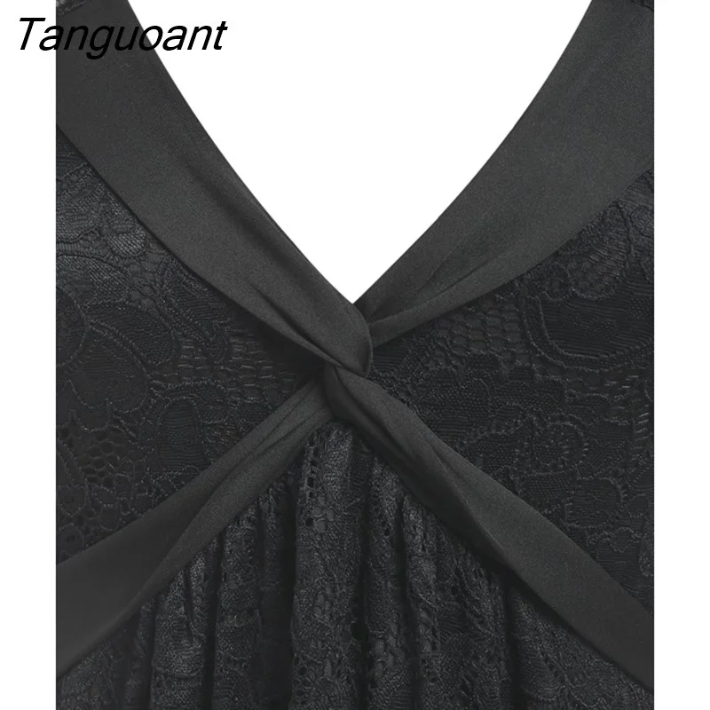 Tanguoant Lace Panel Front Twisted Tee Fashion Summer Plunging V-Neck Blouses 2022 New Women's Black Short Sleeve Streetwear Tops