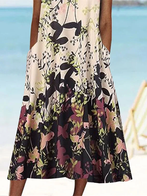 Women's Short Sleeve Scoop Neck Graphic Floral Printed Midi Dress