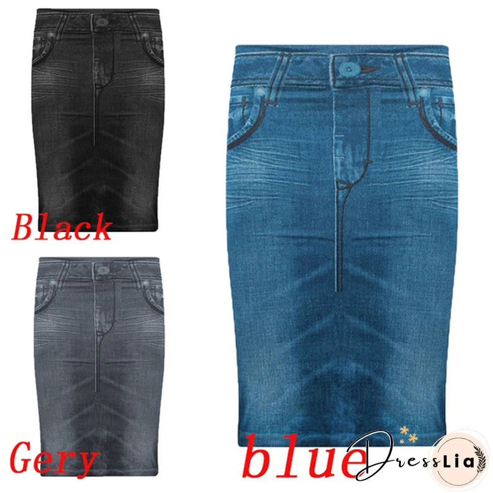 Women Fashion Print Seamless Skirt Faux Denim Jean Skirts Short Slim High Waist Elastic Mini Dress Plus Size