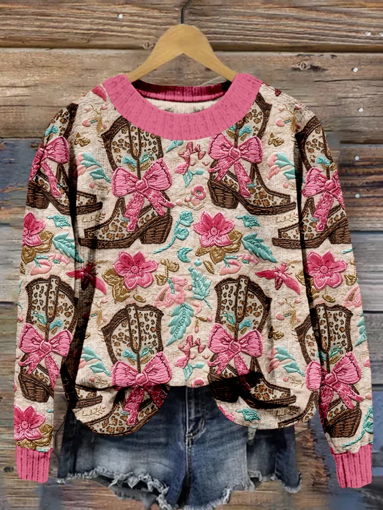 VChics Leopard Cowgirl Boots Embroidery Pattern Cozy Sweater