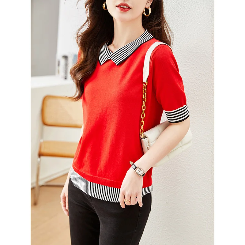 Toloer Toloer Photo Doll Collar Jacket Female Summer Ice Silk Short-Sleeve T-Shirt False Two Striped Knit Half Sleeve Small Shirt-Outfit Ideas